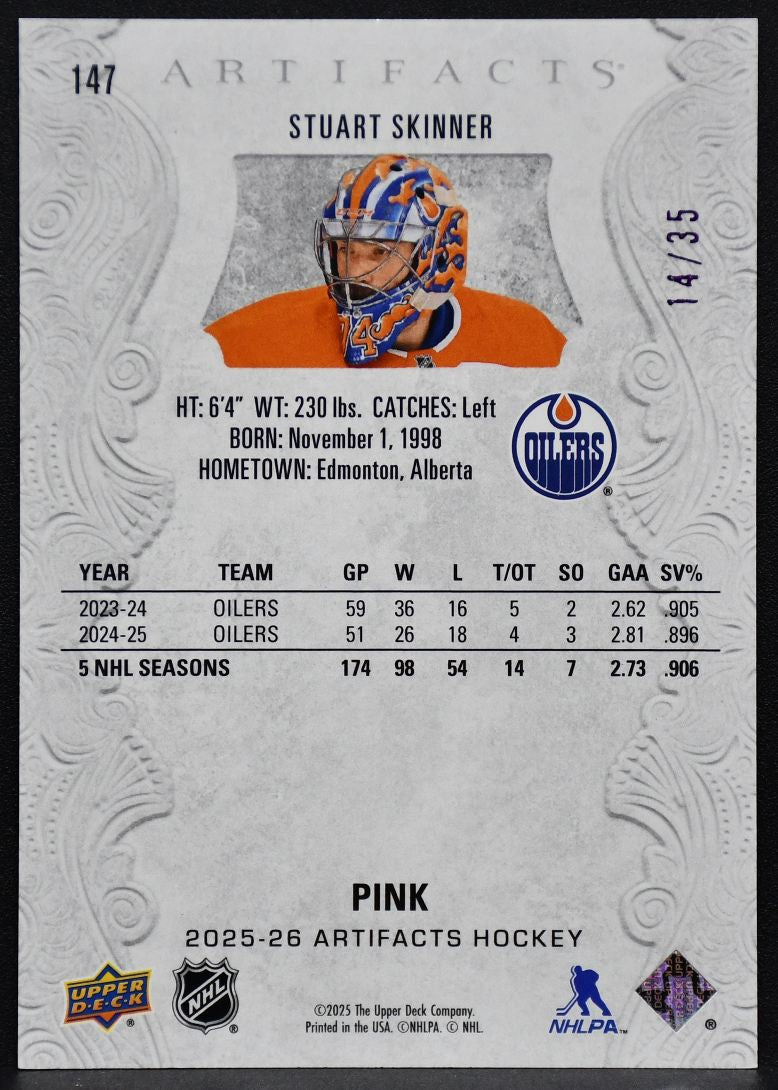 2025-26 Upper Deck Artifacts Pink Stuart Skinner 147 Edmonton Oilers 14/35 3177