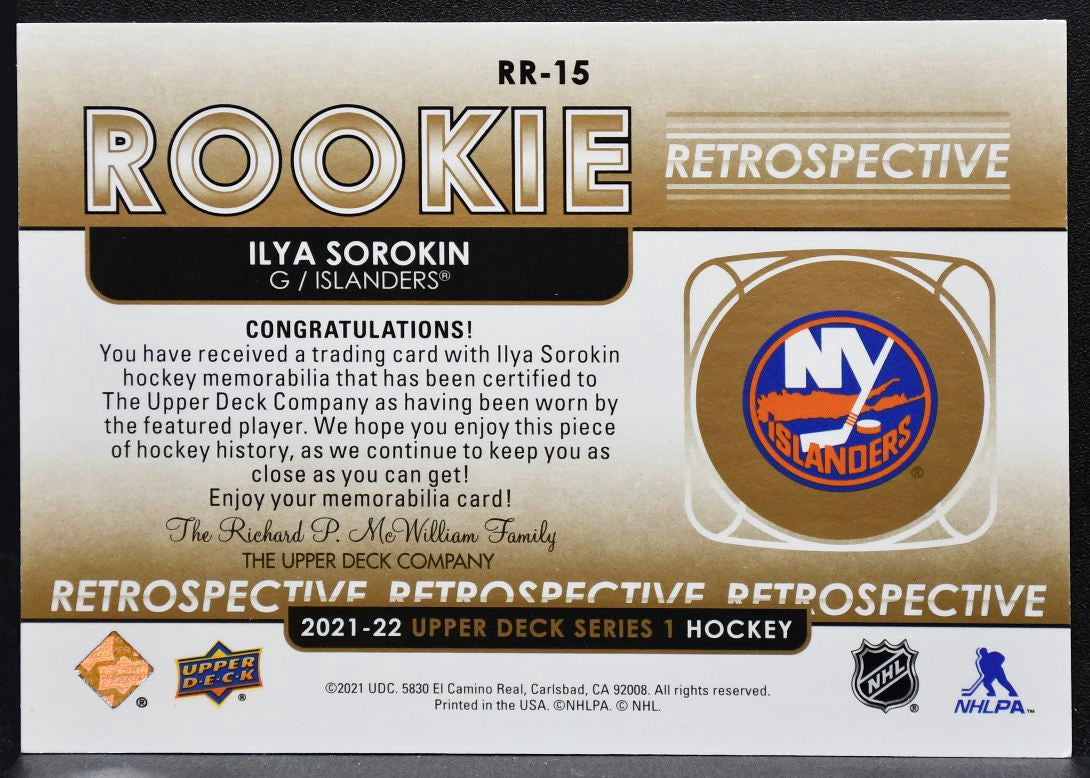 2021-22 UD Series 1 Rookie Retrospective Gold Sorokin Islanders RC Jersey 3957