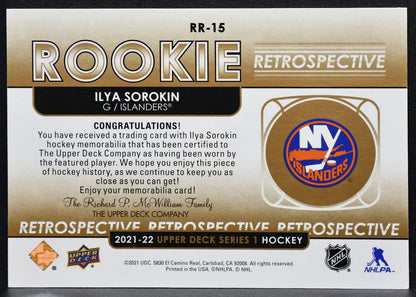 2021-22 UD Series 1 Rookie Retrospective Gold Sorokin Islanders RC Jersey 3957