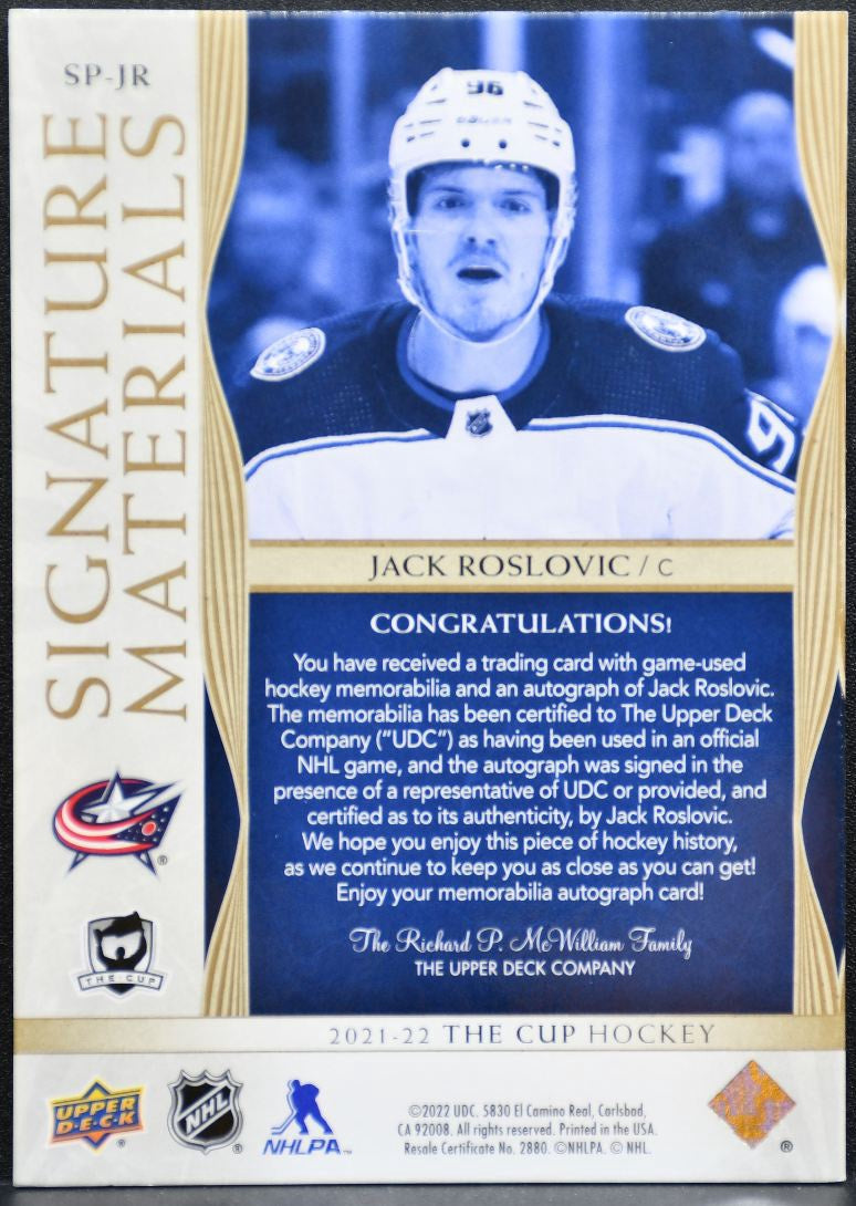 2021-22 UD The Cup Signature Materials Jack Roslovic Jackets Auto /99 Patch 4151