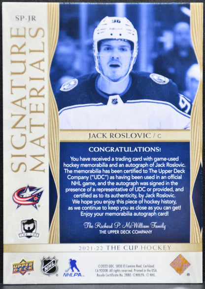 2021-22 UD The Cup Signature Materials Jack Roslovic Jackets Auto /99 Patch 4151
