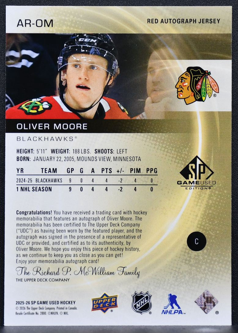2025-26 SP Game Used Red Jersey Oliver Moore AR-OM Chicago Blackhawks /99 7022