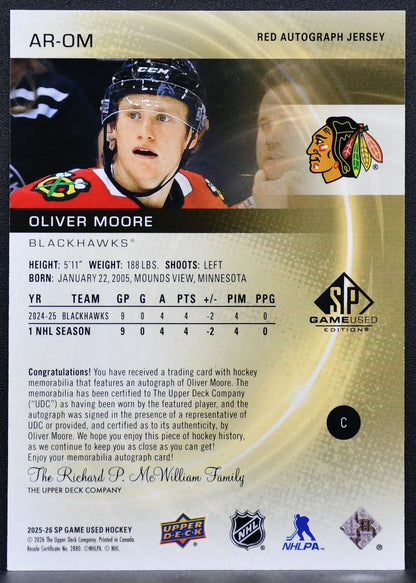 2025-26 SP Game Used Red Jersey Oliver Moore AR-OM Chicago Blackhawks /99 7022