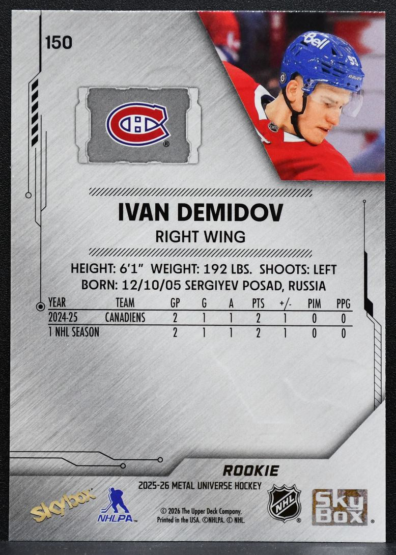 2025-26 SkyBox Metal Universe Rookie Ivan Demidov 150 Montreal Canadiens RC 9751