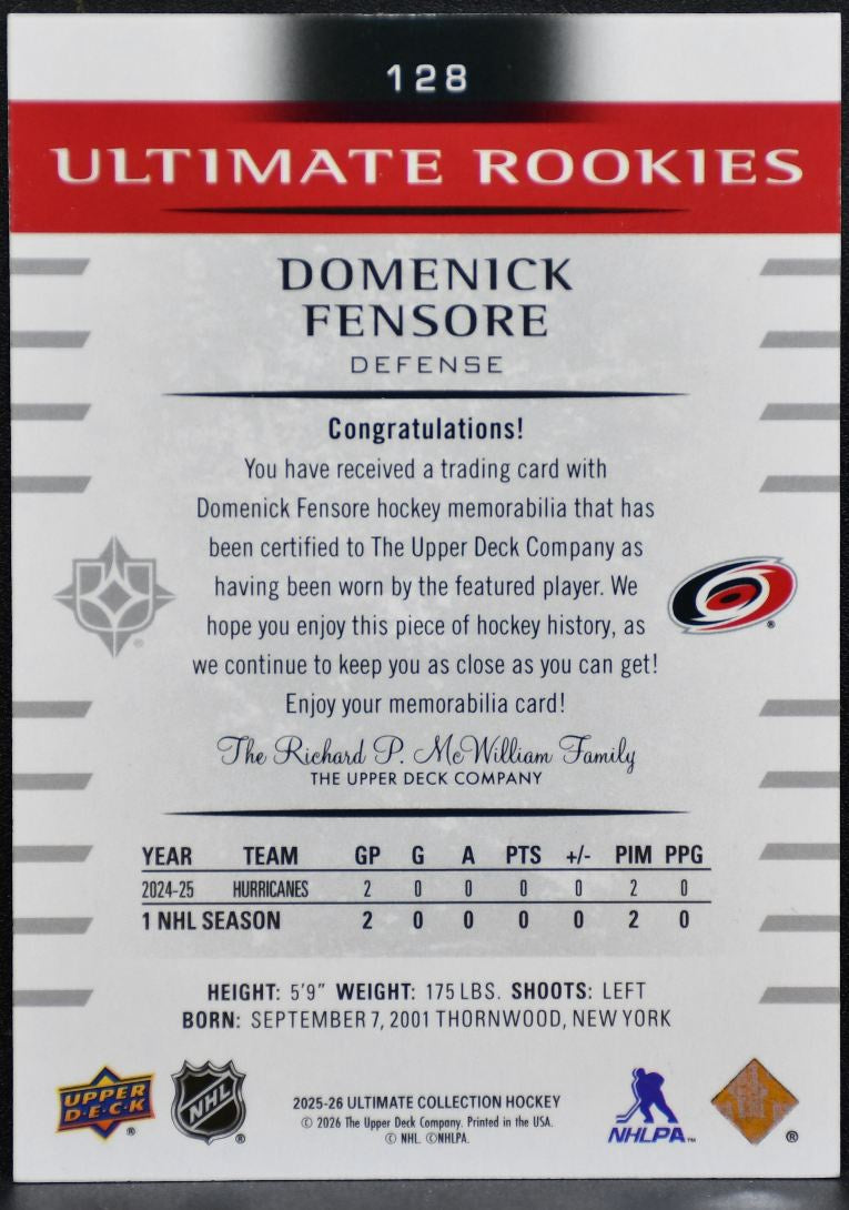 2025-26 UD Ultimate Collection Rookies Fensore Hurricanes RC /499 Jersey 4181