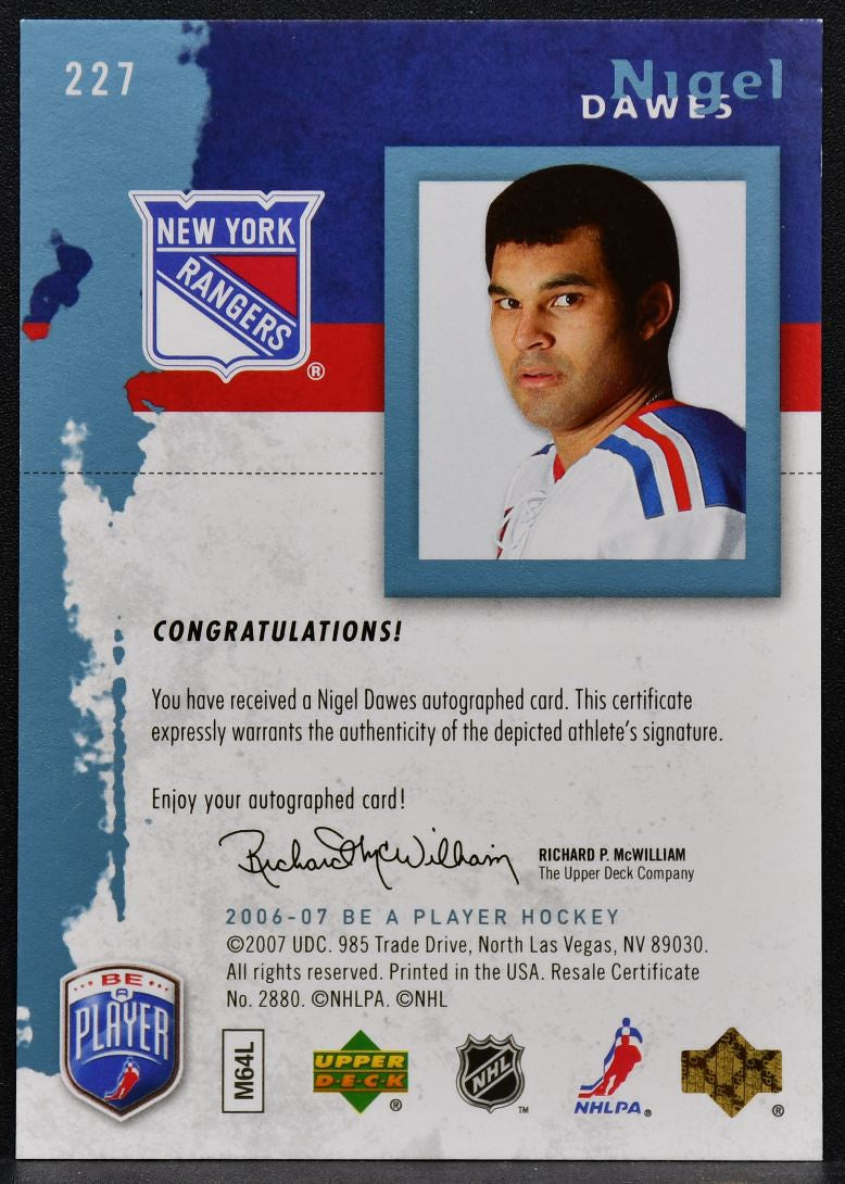 2006-07 Upper Deck Be A Player Rookie Autographs Nigel Dawes 227 RC Auto 5133