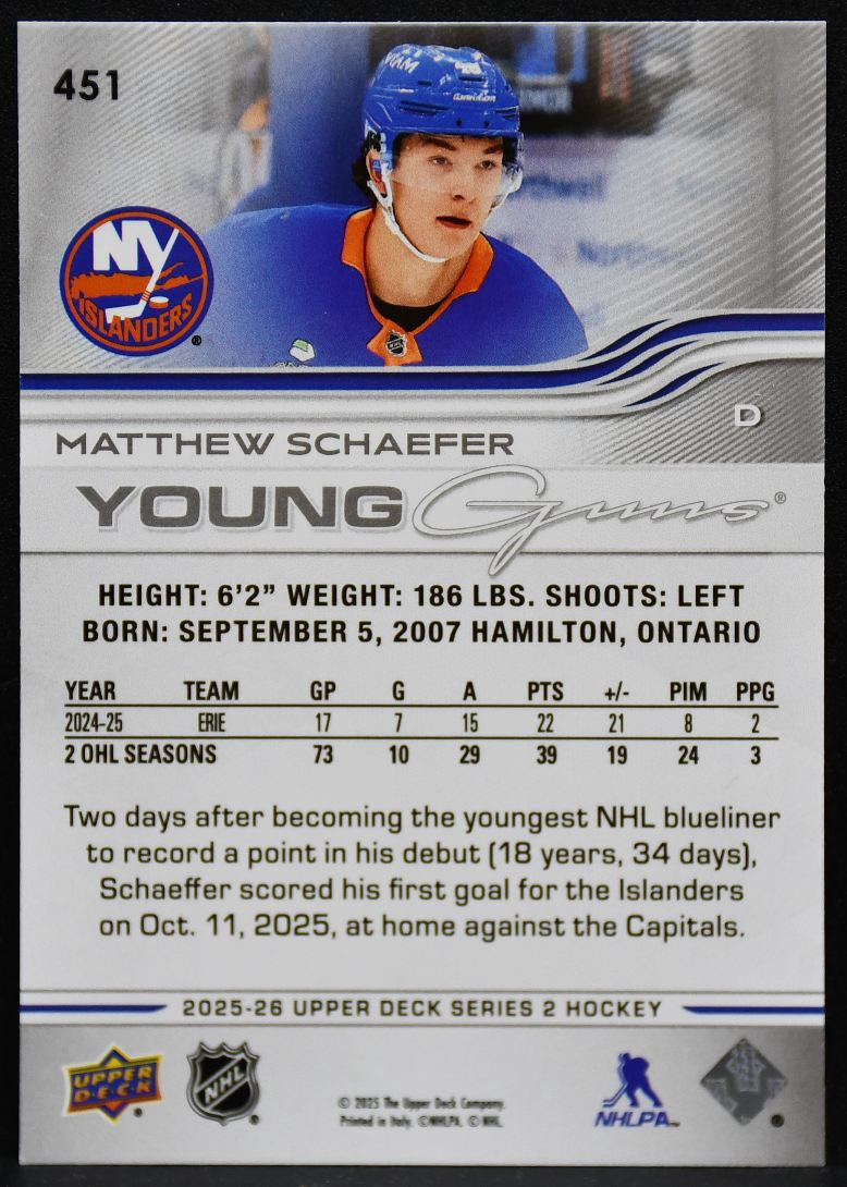 2025-26 Upper Deck Series 2 Young Guns Matthew Schaefer 451 Islanders RC 4043