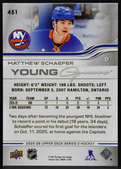 2025-26 Upper Deck Series 2 Young Guns Matthew Schaefer 451 Islanders RC 4043
