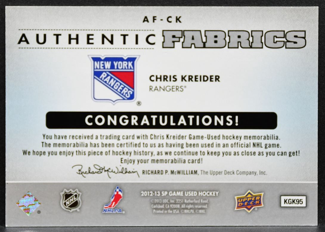 2012-13 SP Game Used Authentic Fabrics Chris Kreider AF-CK Rangers Jersey 3127