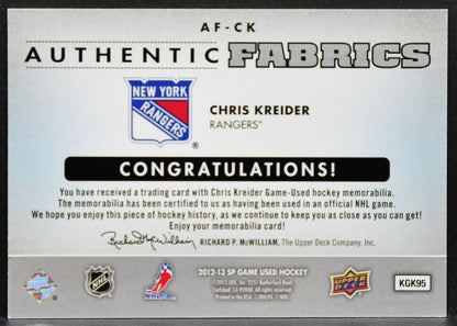 2012-13 SP Game Used Authentic Fabrics Chris Kreider AF-CK Rangers Jersey 3127
