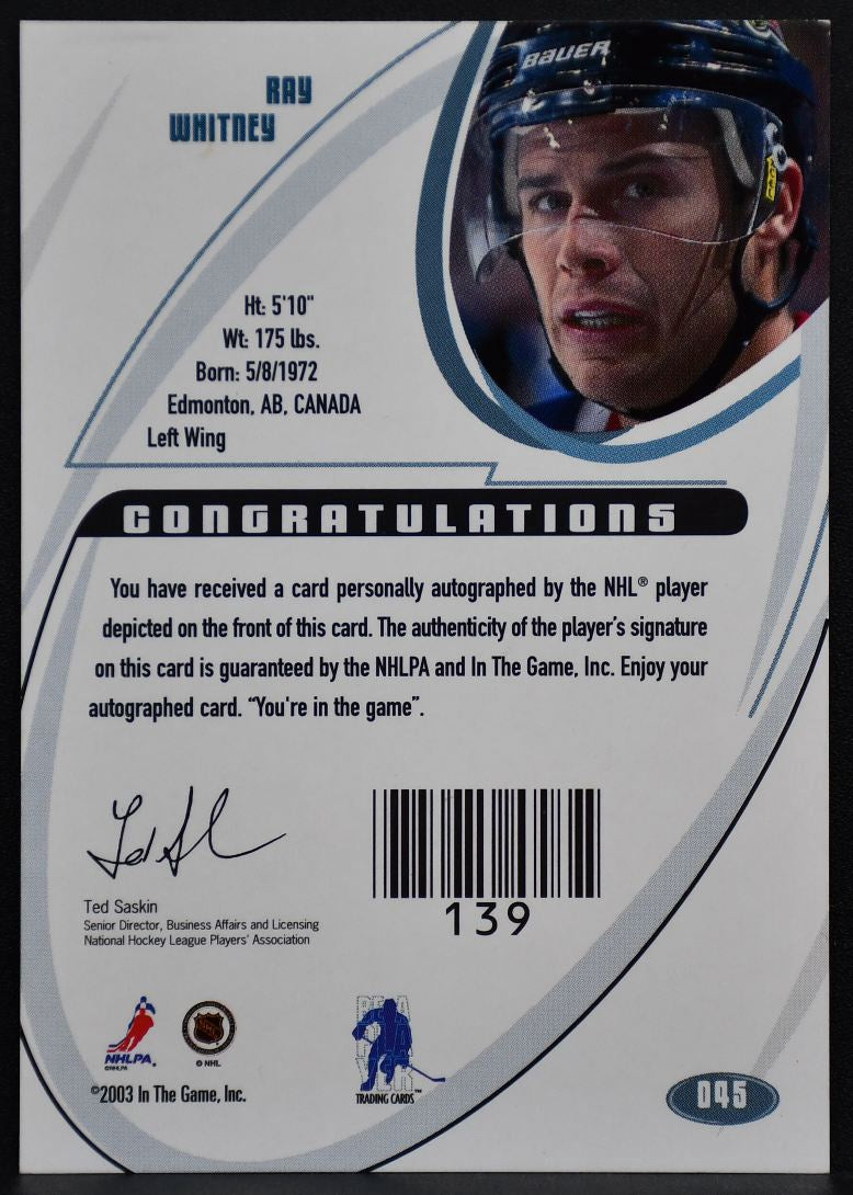 2002-03 In The Game Signature Ray Whitney 045 Columbus Blue Jackets Auto 8096