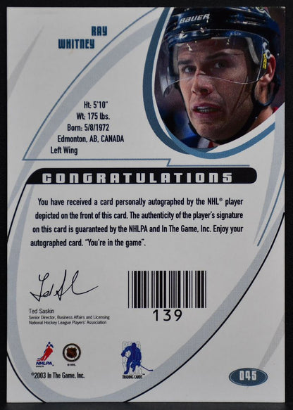 2002-03 In The Game Signature Ray Whitney 045 Columbus Blue Jackets Auto 8096
