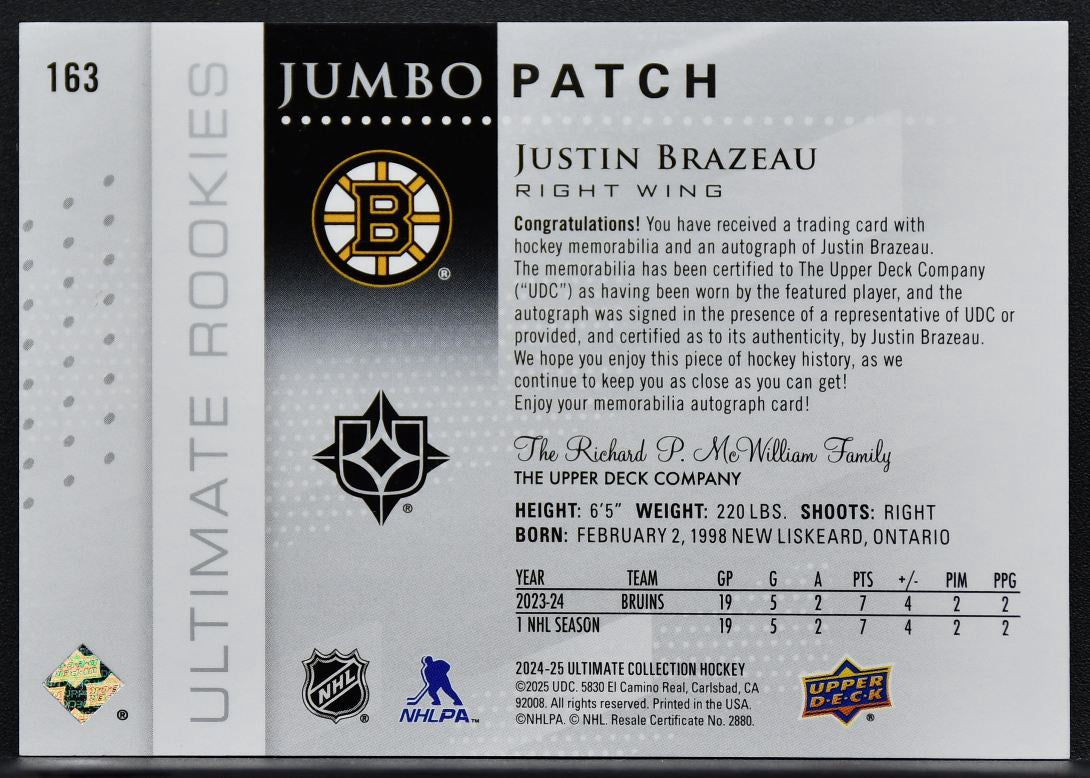 24-25 UD Ultimate Collection RCs Jumbo Patch Brazeau Bruins RC Auto /15 Patch 3131