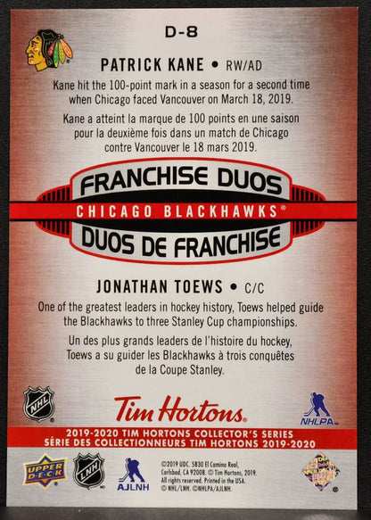 2019-20 UD Tim Hortons Franchise Duos 3D Patrick Kane/Toews Blackhawks 4886