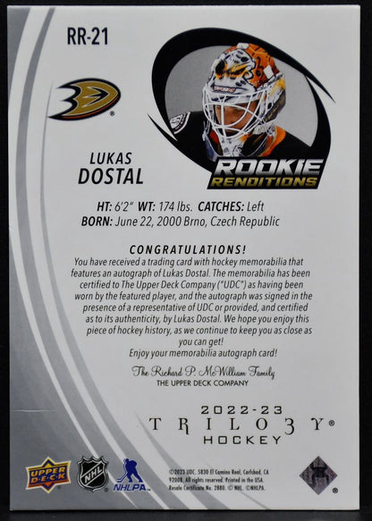2022-23 UD Trilogy Rookie Renditions Auto Patch Lukas Dostal RR-21 RC Auto /49
