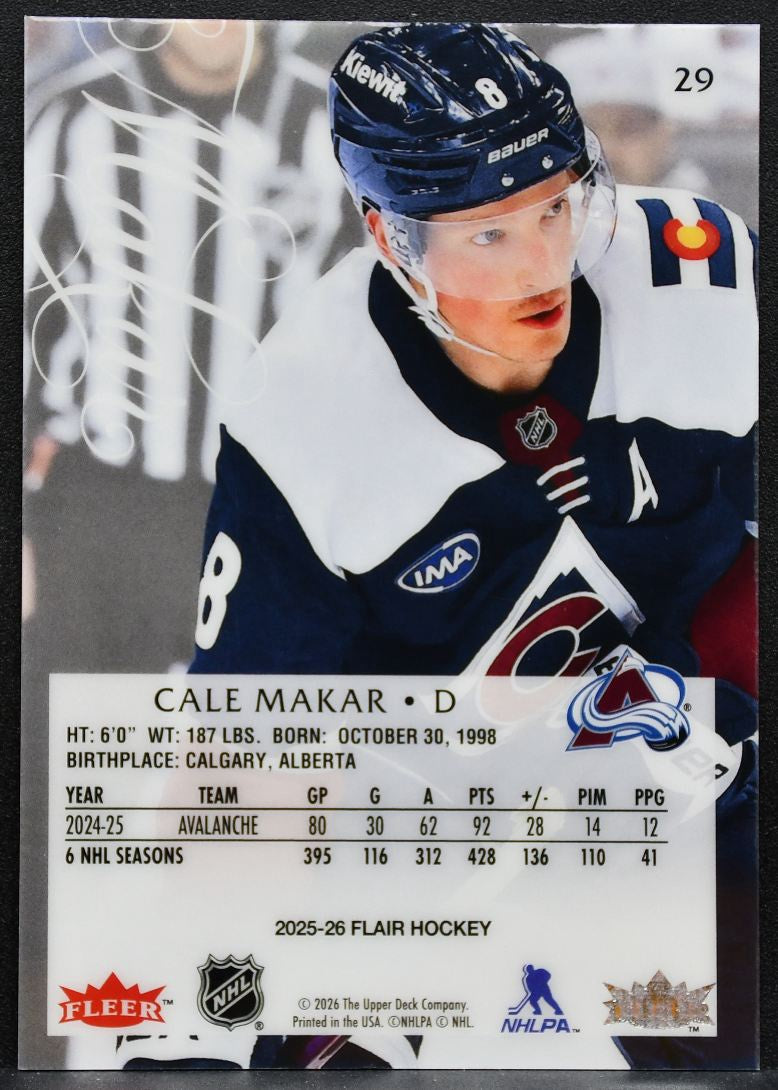 2025-26 Flair Cale Makar 29 Colorado Avalanche 3820