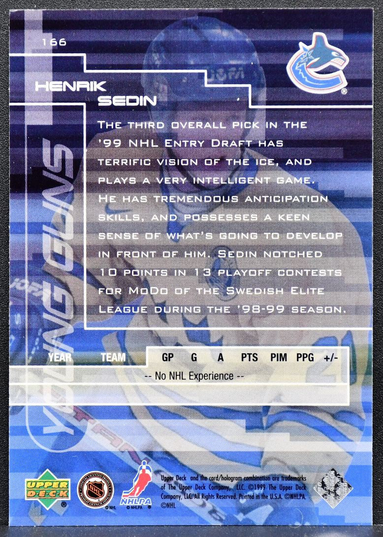 1999-100 Upper Deck Young Guns Henrik Sedin 166 Vancouver Canucks RC 8098