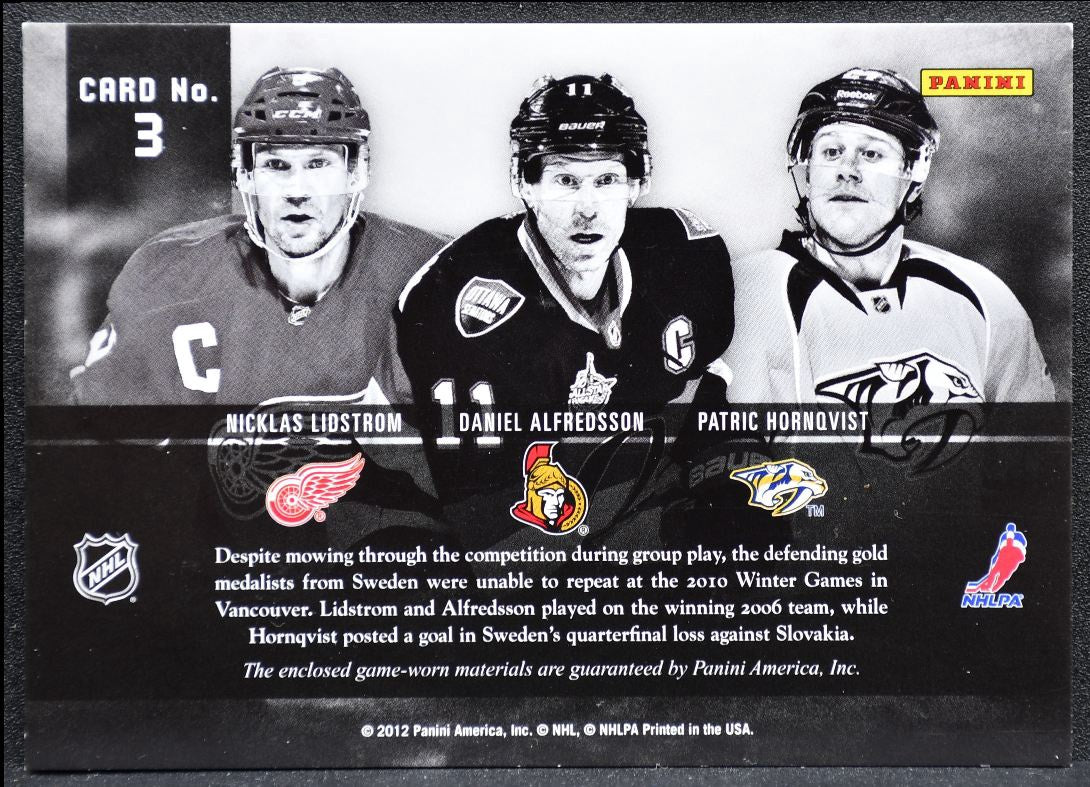 2011-12 Panini Prime Trios Alfredsson/Lidstrom/Hornqvist /150 Jersey 9394