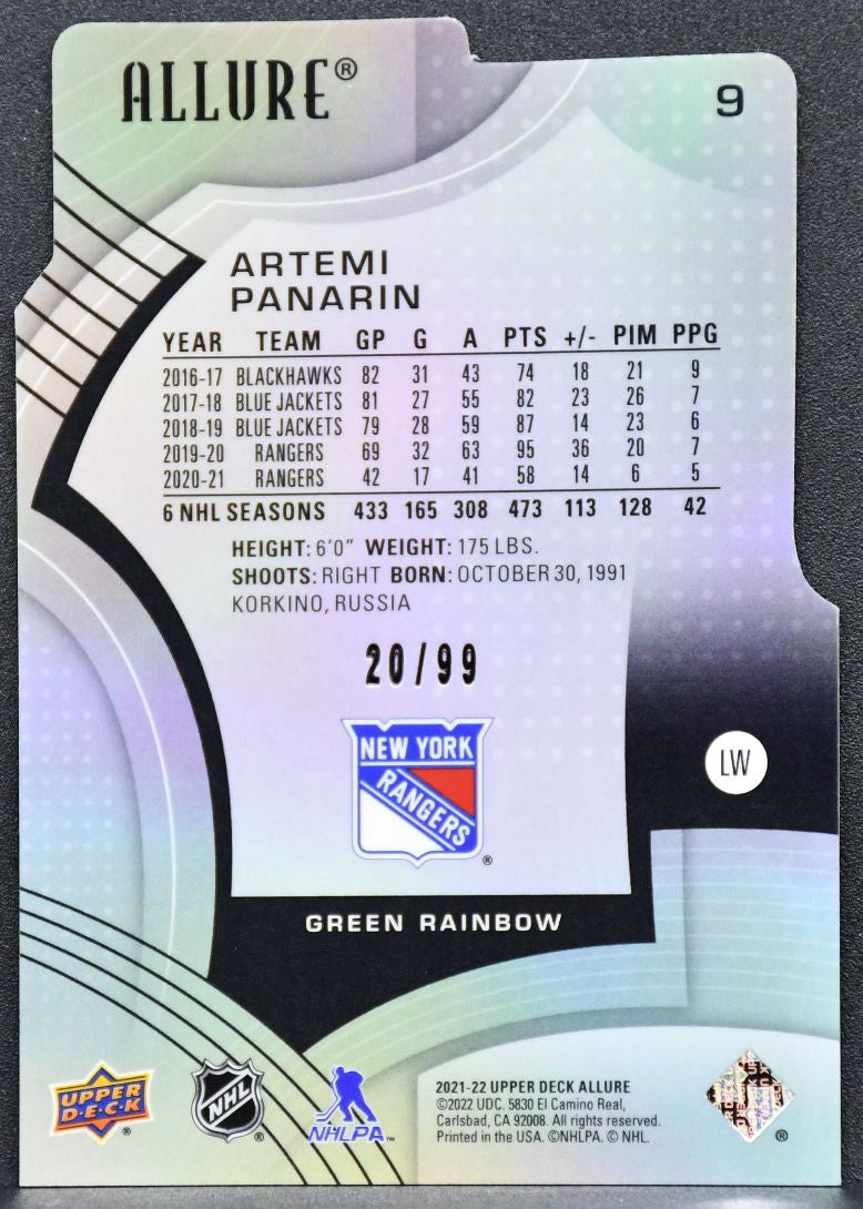 2021-22 UD Allure Green Rainbow Die Cut Artemi Panarin 9 New York Rangers 20/99 6293