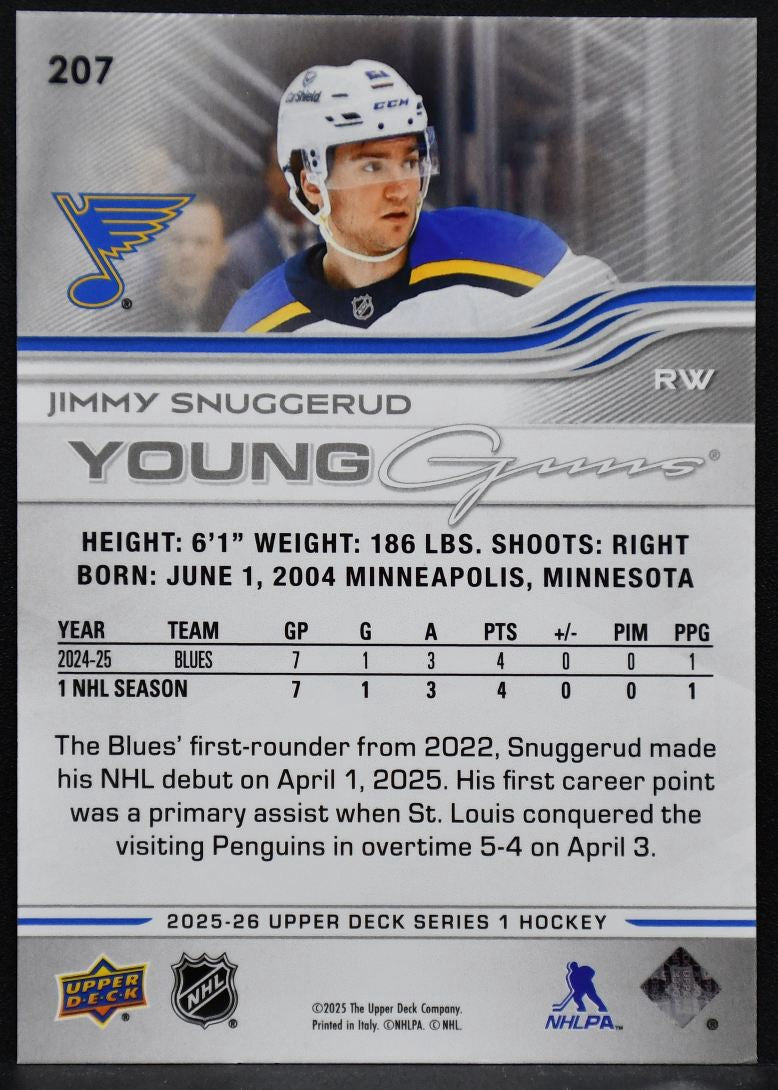 2025-26 UD Series 1 Young Guns Jimmy Snuggerud 207 St. Louis Blues RC #1