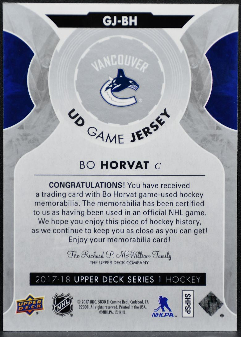 2017-18 Upper Deck Series 1 UD Game Jersey Bo Horvat GJ-BH Canucks Jersey 2997
