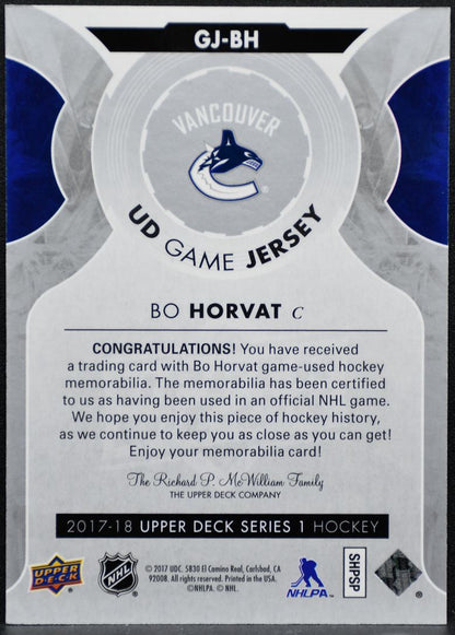 2017-18 Upper Deck Series 1 UD Game Jersey Bo Horvat GJ-BH Canucks Jersey 2997