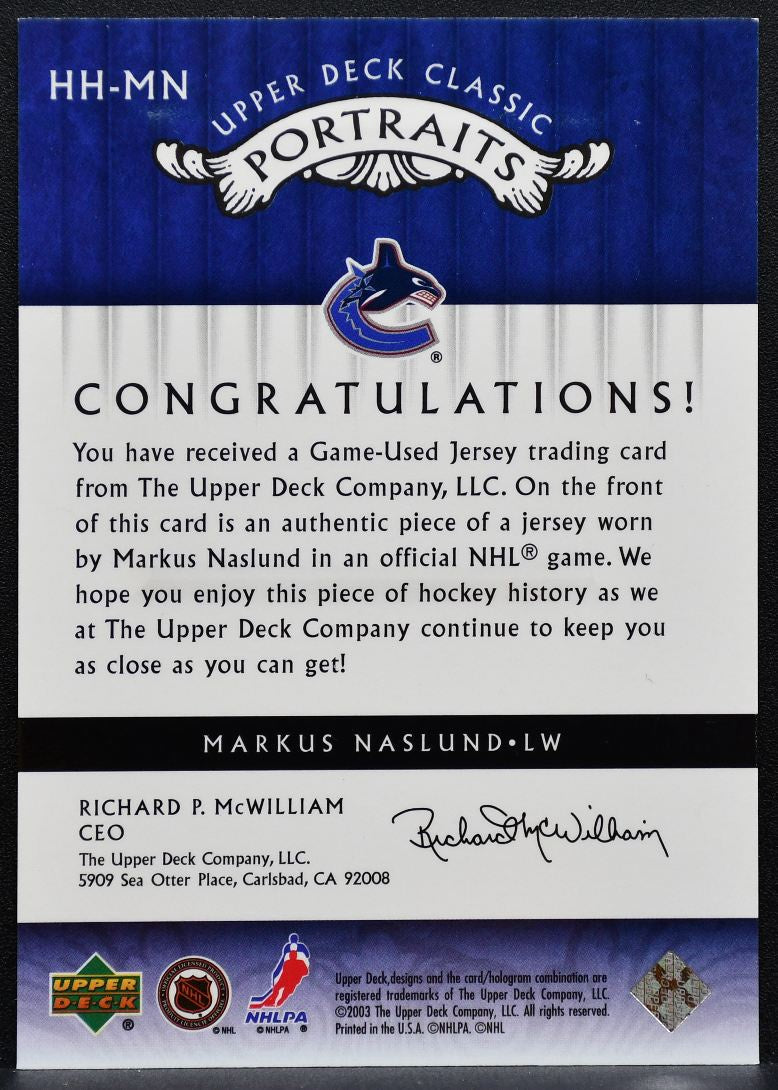 2003-04 UD Classic Portraits Headliners Markus Naslund HH-MN Canucks Jersey 0493