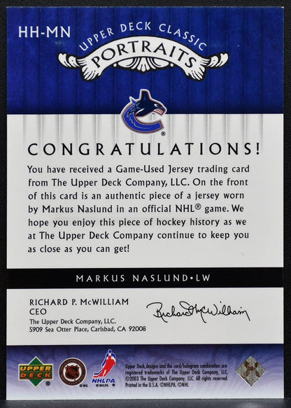 2003-04 UD Classic Portraits Headliners Markus Naslund HH-MN Canucks Jersey 0493