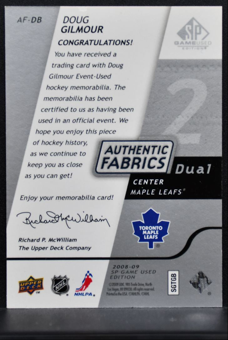 2008-09 SP Game Used Authentic Fabrics Dual Doug Gilmour Maple Leafs Jersey 4442