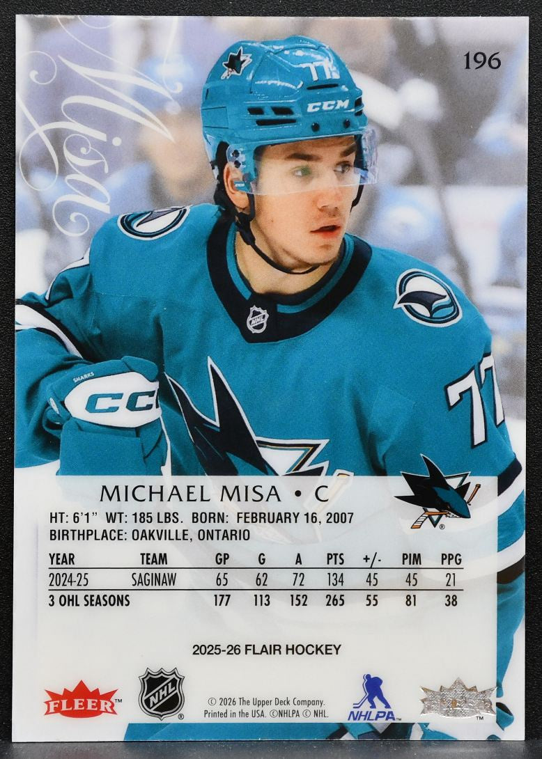2025-26 Flair Rookies Michael Misa 196 San Jose Sharks RC 8624