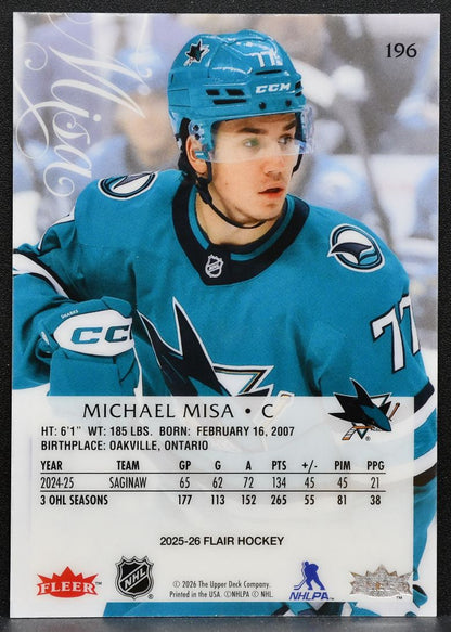 2025-26 Flair Rookies Michael Misa 196 San Jose Sharks RC 8624