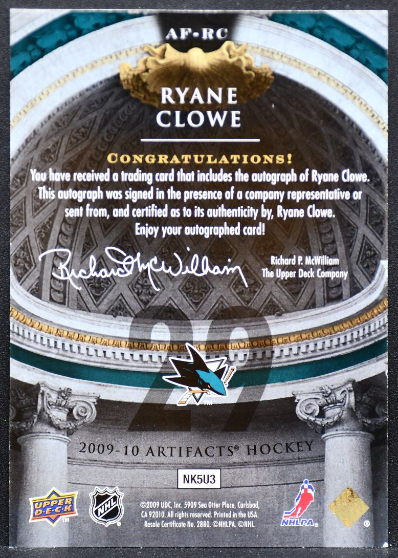 2009-10 Upper Deck Artifacts Autofacts Ryane Clowe AF-RC Sharks Auto 1813