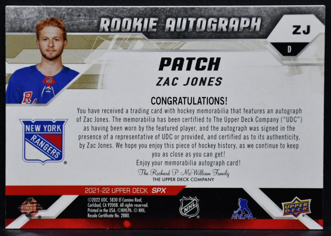 2021-22 SPx Rookie Auto Patch Zac Jones ZJ New York Rangers RC Auto 15/35 Patch 5259
