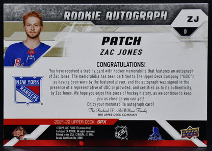 2021-22 SPx Rookie Auto Patch Zac Jones ZJ New York Rangers RC Auto 15/35 Patch 5259