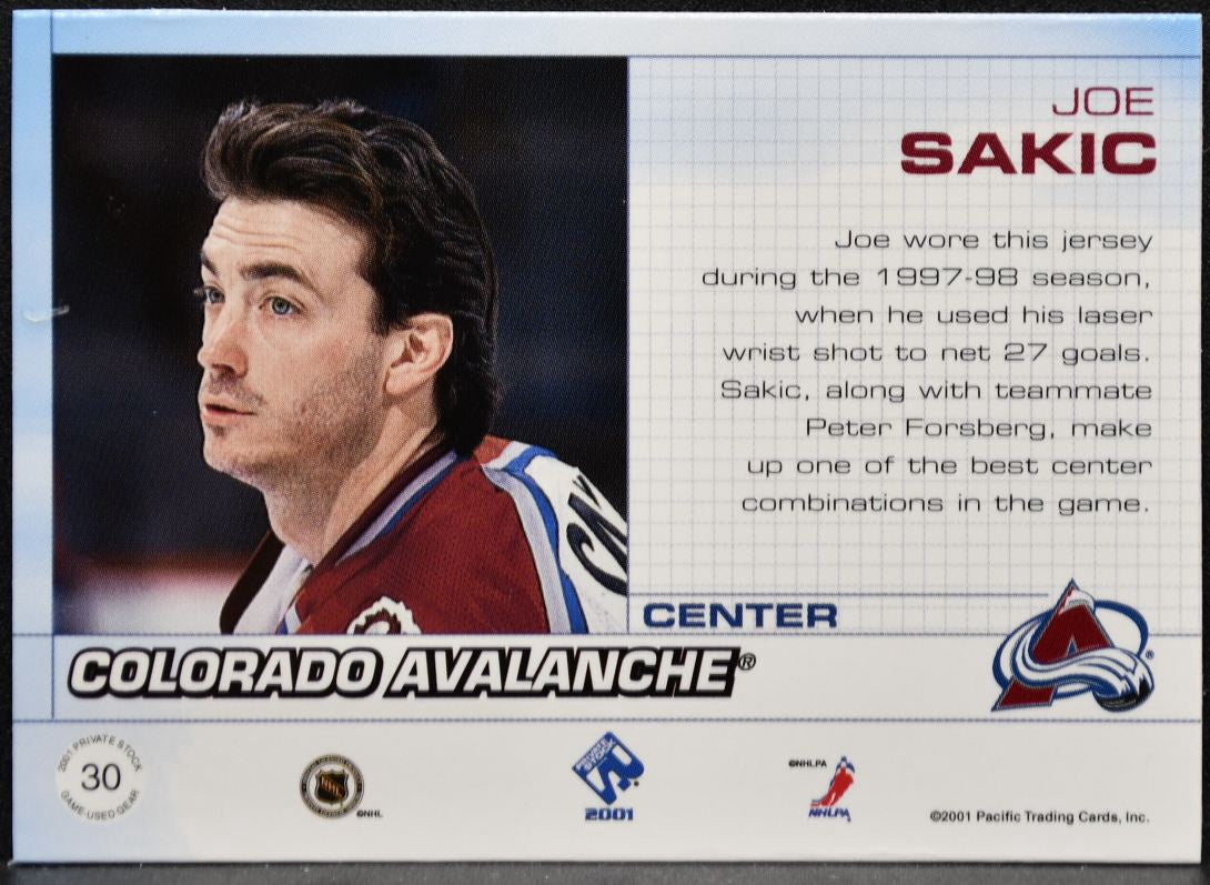 2000-01 Pacific Private Stock Jersey Joe Sakic 30 Jersey 9486