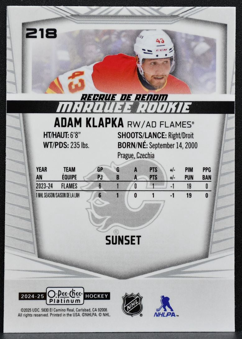 2024-25 O-Pee-Chee Platinum Marquee Rookie Sunset Adam Klapka 218 Flames RC 1495