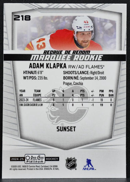 2024-25 O-Pee-Chee Platinum Marquee Rookie Sunset Adam Klapka 218 Flames RC 1495