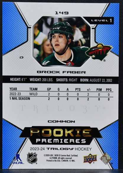 2023-24 UD Trilogy RC Premieres Lvl1 Brock Faber 149 Minnesota Wild RC 843/999 8625