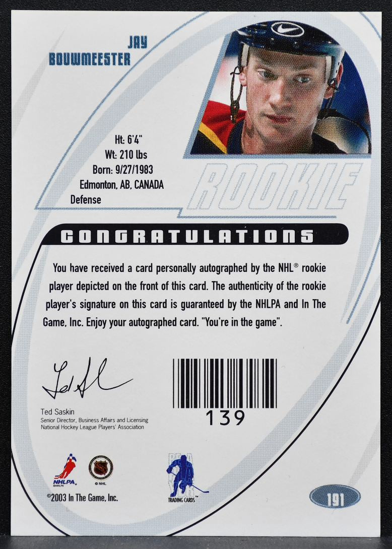 2002-03 In The Game Signature Rookie Auto Jay Bouwmeester Panthers RC Auto 2800