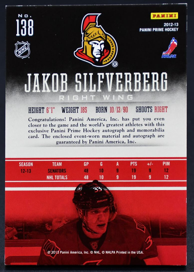 2012-13 Panini Prime Prime Rookies Jakob Silfverberg 138 RC Auto 202/249 Jersey