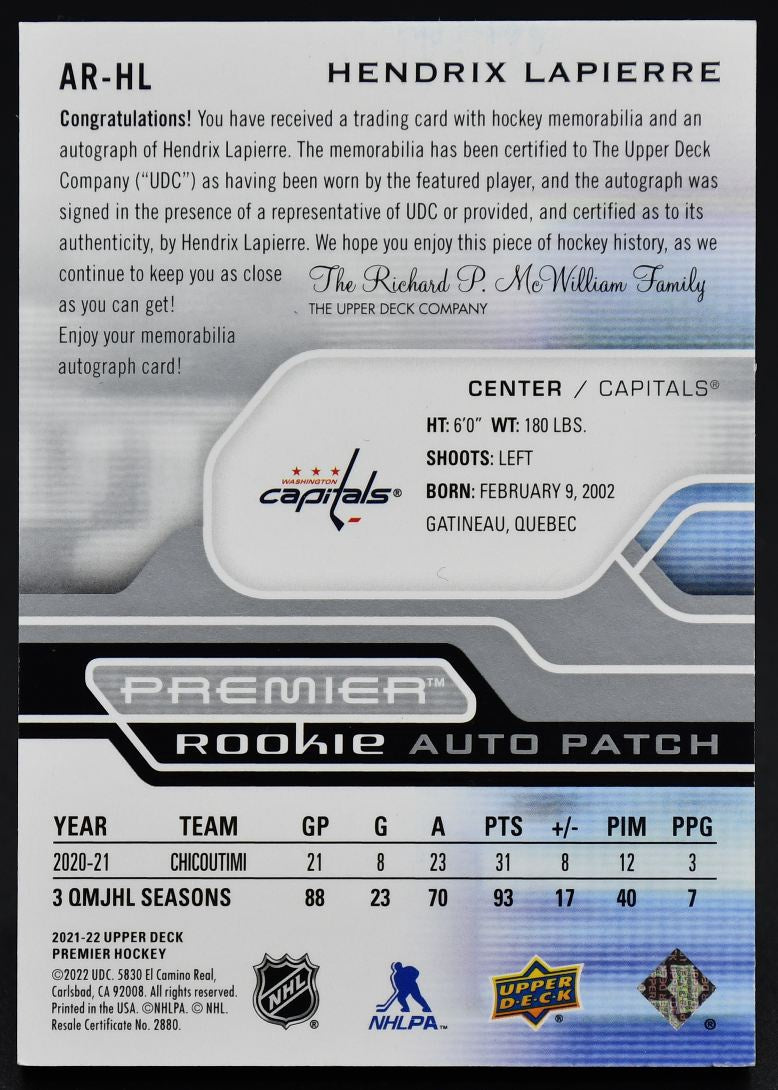 2021-22 UD Premier Rookie Auto Patch Lapierre AR-HL RC Auto 051/249 Patch