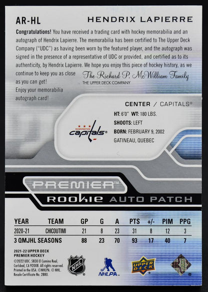 2021-22 UD Premier Rookie Auto Patch Lapierre AR-HL RC Auto 051/249 Patch