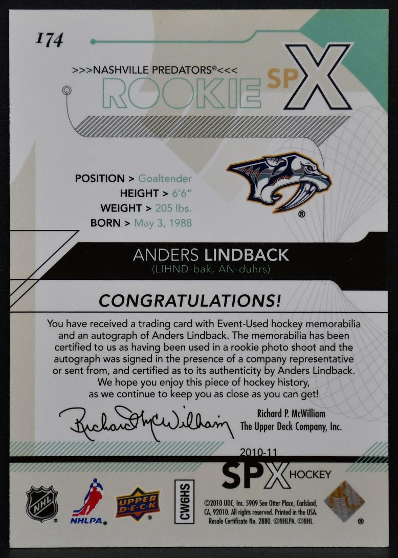 2010-11 SPx RC Jersey Anders Lindback 174 Predators RC Auto 049/799 Jersey 0225