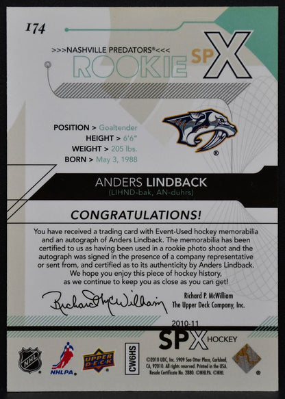 2010-11 SPx RC Jersey Anders Lindback 174 Predators RC Auto 049/799 Jersey 0225