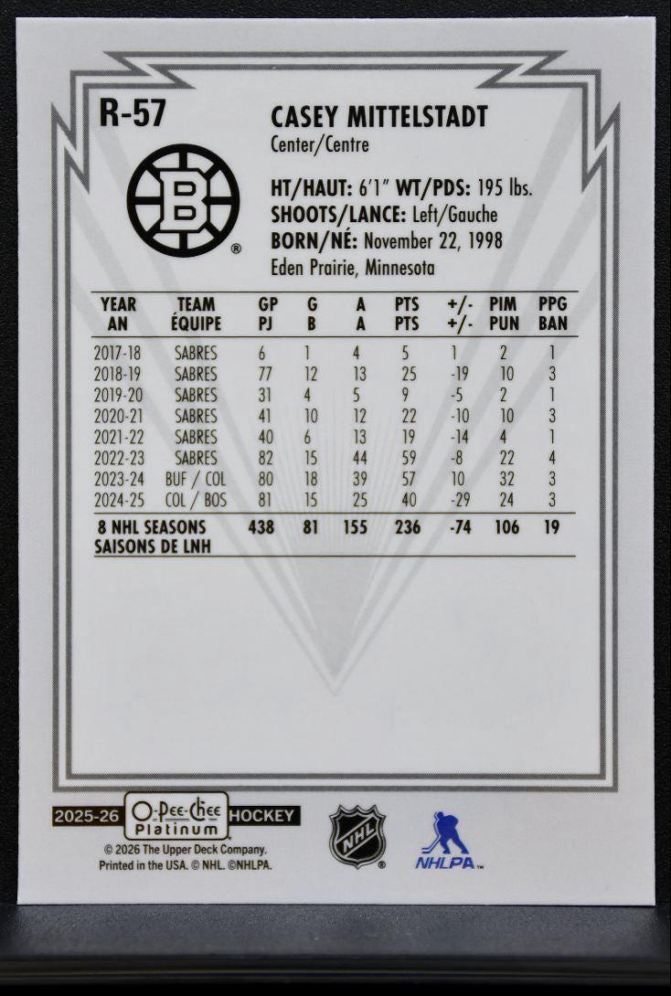 2025-26 O Pee Chee Platinum Retro Casey Mittelstadt R-57 Boston Bruins 7757