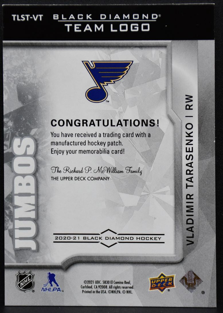 20-21 UD Black Diamond Team Logo Jumbos Vladimir Tarasenko TLST-VT Blues Patch 4077