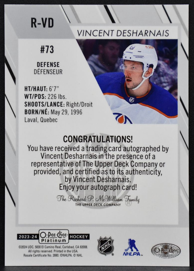 2023-24 OPC Platinum Rookie Auto Vincent Desharnais R-VD Oilers RC Auto 8263