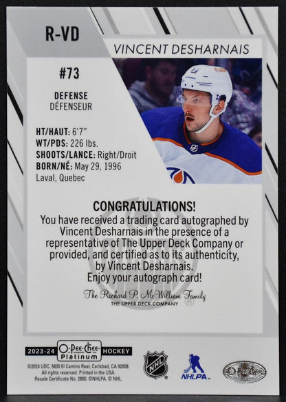 2023-24 OPC Platinum Rookie Auto Vincent Desharnais R-VD Oilers RC Auto 8263