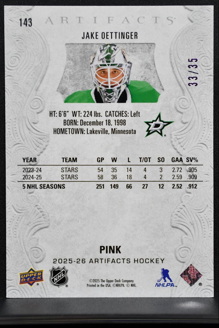 2025-26 Upper Deck Artifacts Pink Jake Oettinger 143 Dallas Stars 33/35 2898