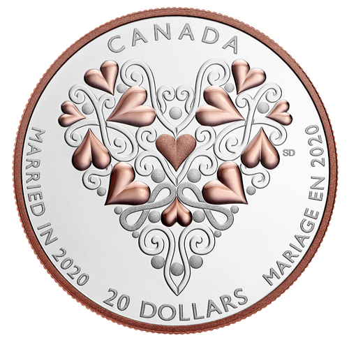 2020 $20 1 oz Pure Silver Coin with Pink Gold Plating - Best Wishes on Your Wedding Day (175160)
